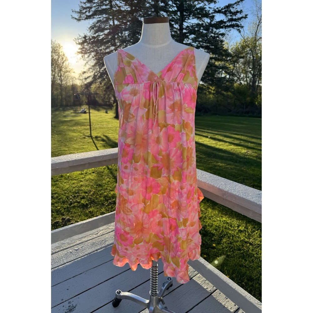 1960s/1970s Val Mode Neon Psychedelic Floral Babydoll Nightgown Medium